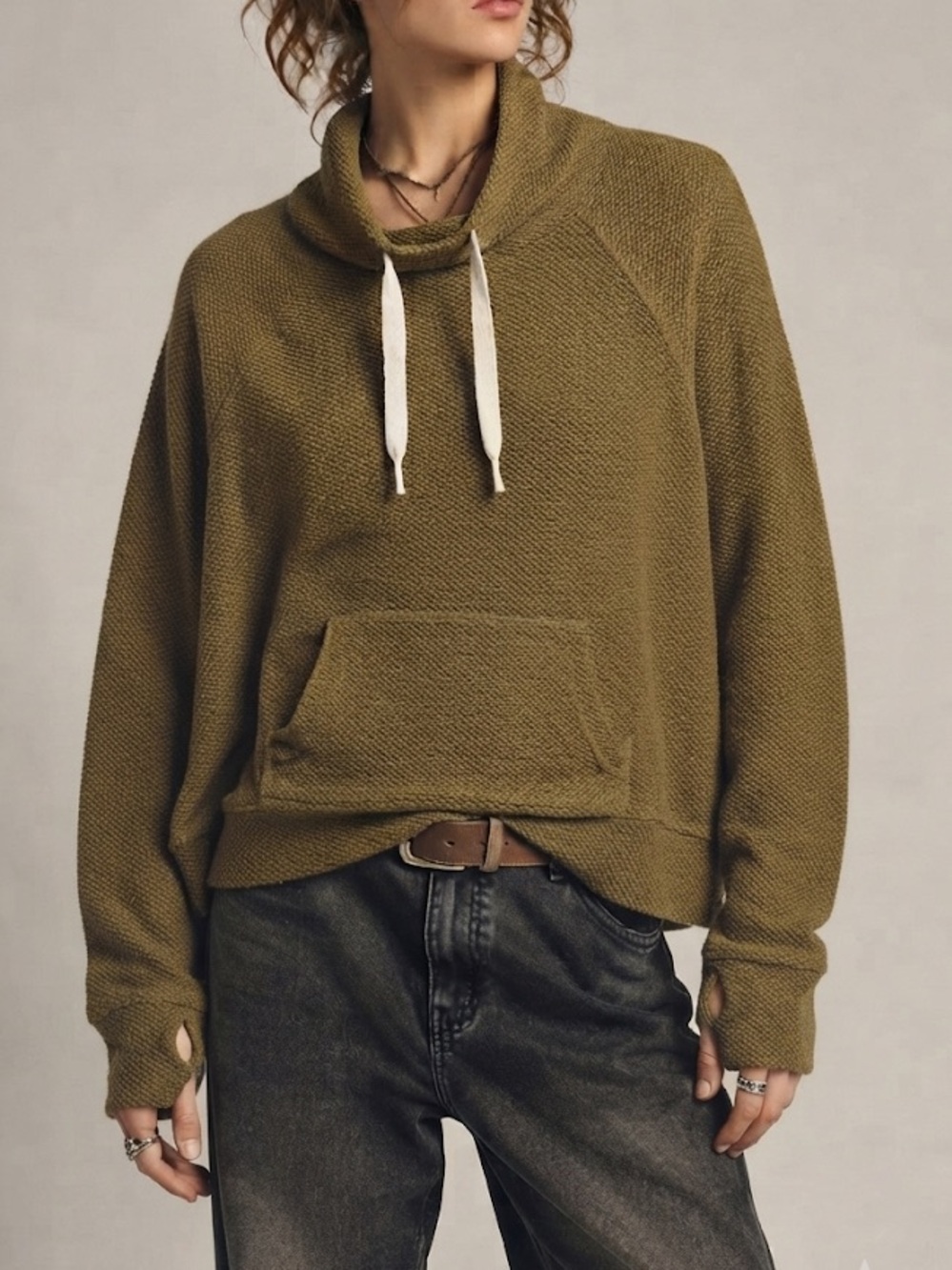 Aerie Knit Funnel Neck Hoodie Large Olive Chartreuse Green